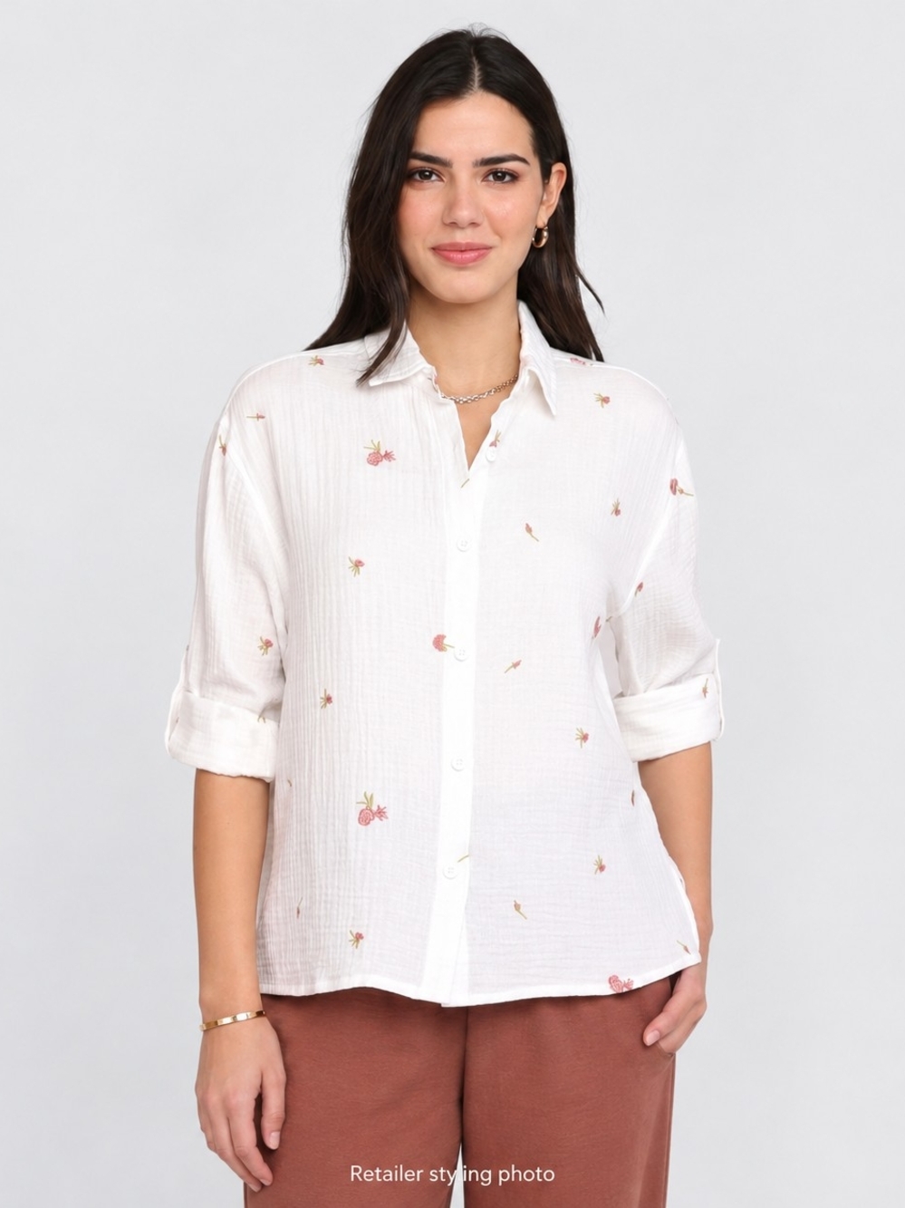 NWT Devoted White Floral Cotton Button-Front Shirt XS
